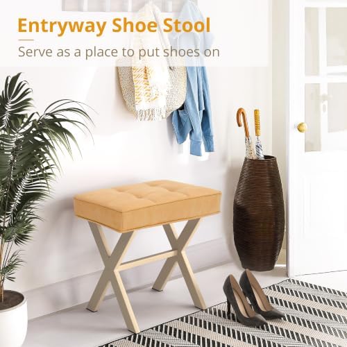 LUE BONA Vanity Stool, Square Linen Makeup Stool, Honey Brown