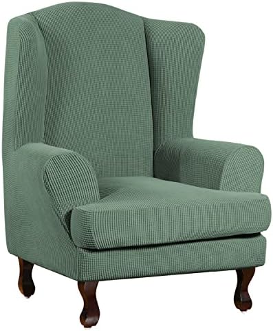 Turquoize Wingback Chair Covers 2 Piece Wing Chair Slipcover Stretch Slipcovers for Wingback Chairs Wing Chair Cover Spandex Jacquard Fabric with Elastic Bottom Non-Slip Furniture Cover, Loden Frost