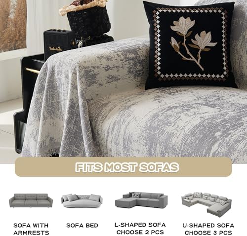MEETSKY Small Boho Couch Cover Sofa Covers Washable, Chenille Soft Throws Cover for Love seat, Abstract Geometric Sofa Slipcover Multi-Use Furniture Protector for Dogs Pets, 71" x 102", Light Grey
