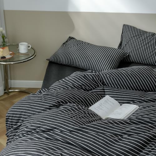 AOJIM Soft Jersey Knit Duvet Cover Twin XL 3Pcs Black-White Striped Bedding