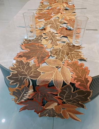 Fall Leaf Embroidered Table Runner 87 Inches for Thanksgiving and Autumn Harvest Decoration (16''x87'', Coffee Colored Maple Leaves)