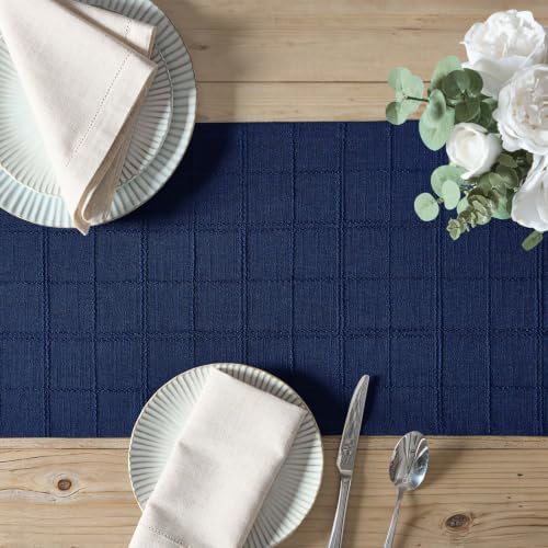 ZeeMart Linen Checked Farmhouse Table Runner, 13x90 Inches Navy Blue