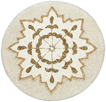 Lightnpro Handmade Snowflake Beaded Placemats Set of 2 – 13 Inch Round White Silver, Handcrafted Artisan Table Accessories, Elegant Winter Holiday Table Décor for Christmas & New Year Celebrations