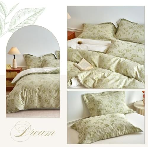 HighBuy Sage Green Floral Duvet Cover Twin XL Textured Design,Premium Muslin Cotton Coquette Floral Comforter Cover Set for College,Farmhouse Gauze Bedding Set with 2 Pillowcases