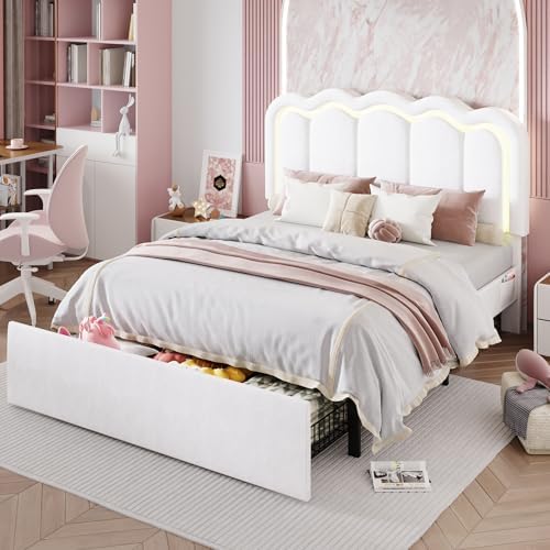SHA CERLIN Full Size Bed Frame with LED Lights and Storage Drawer, White