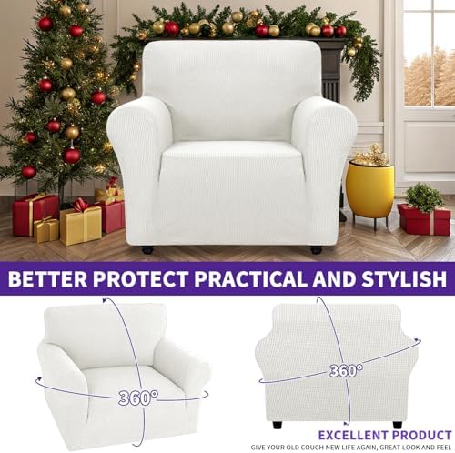 ZNSAYOTX Super Stretch Chair Slipcover Universal Sofa Chair Covers for Living Room Dogs Pet Furniture Protector Spandex Armchair Slipcovers with Anti Slip Foam Sticks (White, Chair)