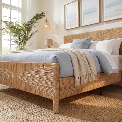 Brafab Hand-Woven Rattan King Bed Frame with Headboard and Footboard