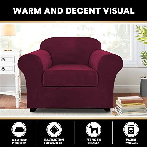PrinceDeco Velvet Plush Couch Cover Stretch 2 Piece Chair Cover Chair Slipcover Washable Furniture Protector Couch Soft with Elastic Bottom Armchair Cover Width Up to 49 Inch(Small, Burgundy)