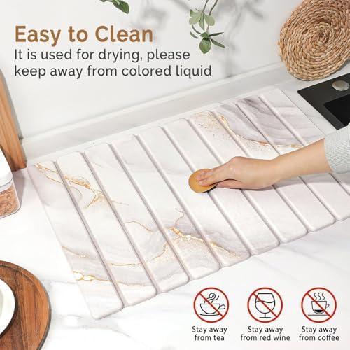 Large Stone Dish Drying Mat for Kitchen Counter,Quick Dry Stone Dishes Mats,Marbled Water Absorbing Diatomaceous Earth Drying Pad for Countertop Bottles Utensils Cups(Yellow White 24"x16"&8"x4")
