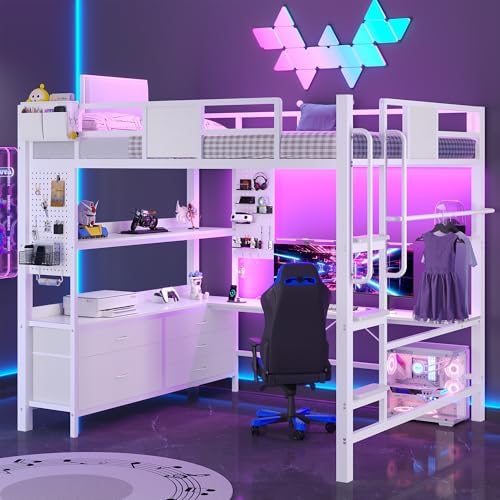 Full Size Loft Bed with Desk and 5 Storage Drawers, White