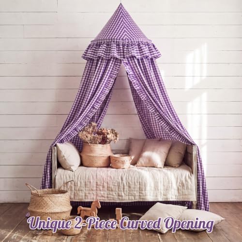 SmoothNovelty Gingham Plaid Bed Canopy, Purple White, Round