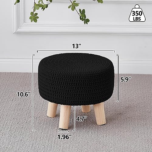 Wimarsbon Small Ottomans, 100% Hand Knitted Pouf Ottoman, Round Footrest with 4 Non-Skid Wood Legs, Boho Décor Cotton Rope Pouffe, Leisure Floor Step Chair for Living Room (Black)