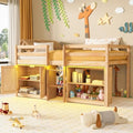 Low Loft Bed Twin Size with Storage Cabinet for Kids, Natural Wood