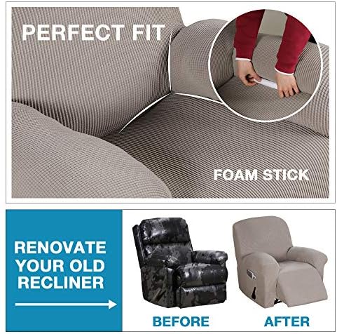 Flamingo P Stretch Recliner Chair Cover Recliner Cover for Electric/Manual Style | Furniture Cover for Reclining with Side Pocket, Soft Checked Jacquard Fabric Form Fitted Standard/Oversized - Taupe