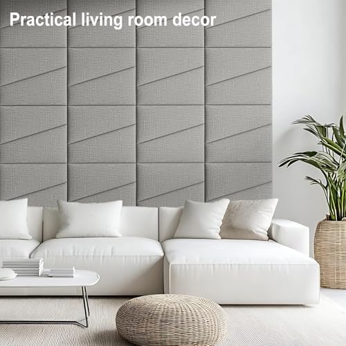 Peel and Stick Headboard Panels for King Bed, Upholstered Wall Mounted Headboard in Lighe Gray, Soft Padded Fabric Noise-Reducing Panels with Modern Stylish Design for Bedroom Decor (8 Panels)