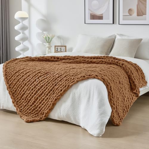 Bigacogo Chunky Knit Throw Blanket for Couch, 40x80 inches, Caramel
