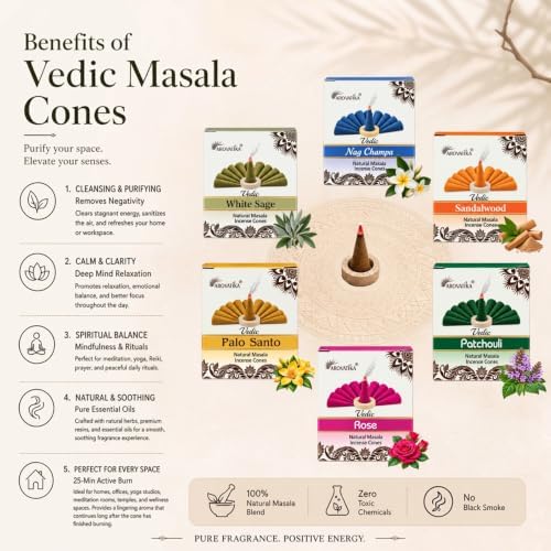 ARO VATIKA Vedic Incense Cones Variety Pack of 6 (Nag Champa, Palo Santo, Rose, White Sage, Sandalwood & Patchouli), Natural Non-Toxic Dhoop Cones for Meditation, Yoga, Relaxation & Home Fragrance