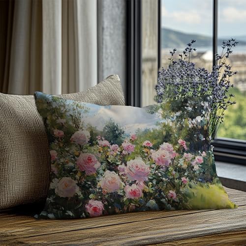 Vintage Rose Garden Nature Scene Pillow Cover 12x20 Double-Sided, Cottagecore Pink Flower Decorative Lumbar Throw Pillow Cover for Home Bedroom Living Room