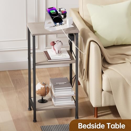 Asgolion Tall End Table with Charging Station, Narrow Tall Side Table