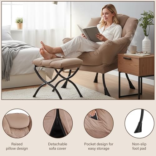 Welnow Lazy Chair with Ottoman, Reading Chair with Footrest, Light Brown