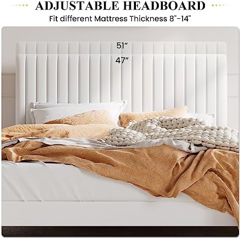 SHA CERLIN Full Upholstered Platform Bed Frame with Vertical Channel Tufted Velvet Fabric Adjustable Headboard, Wooden Slats Support, Mattress Foundation, Box Spring Optional, White
