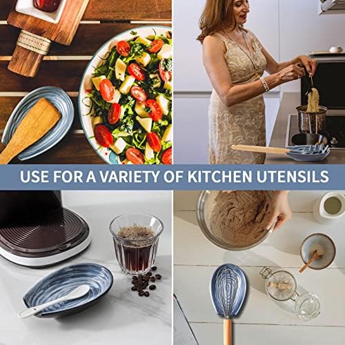 Hasense Ceramic Spoon Rest for Stove Top, 5.7” Spoon Holder, Grey and Blue