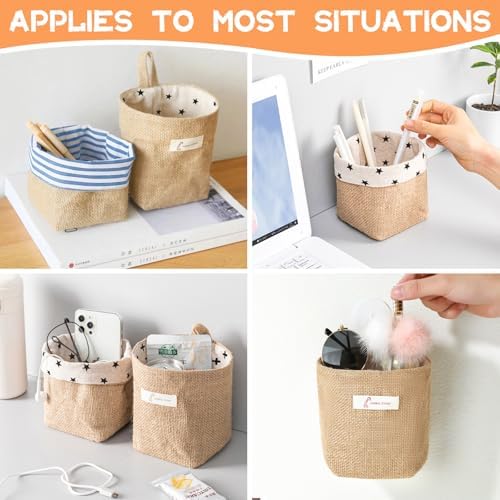3 PCS Mini Hanging Storage Bag Cotton Linen Small Storage Basket Wall Hanging Storage Pouch Foldable Storage Box Family Organizer Decorative Bag for Key Snack Wallet on Door Closet (A)