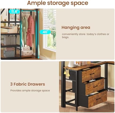 Itaar Stairway Twin Size Loft Bed with L Shaped Desk and Wardrobe, Metal Loft Bed Frame with Storage Stairs, 3 Fabric Drawers, LED Lights & Charging Sation (Rustic Brown, Twin)