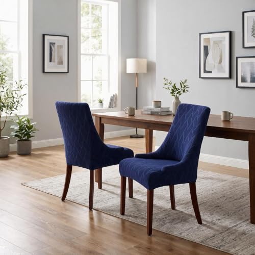 MIFXIN Wingback Side Chair Covers Dining Chair Slipcover Stretch Jacquard Sloping Armchair Protector Arm Chair Seat Cover for Dining Room Living Room Banquet Home Decor (Navy, 2 Pcs)