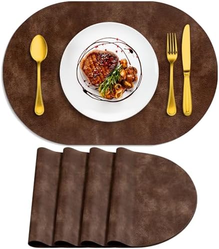 ADRIMER Oval Placemats Set of 4, Wipeable Faux Leather, Brown