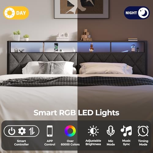 Headboard King Size with Storage, Charging Station & Lights, Dark Grey