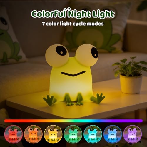Frog Night Light for Kids with Timer, Dimmable 3 Brightness 7 Colors, Kawaii Big-Eyed Frog Lamp Funny Gifts, USB Rechargeable Portable Night Lamp Decor for Girl Boy Nursery/Bedroom/Desk/Office