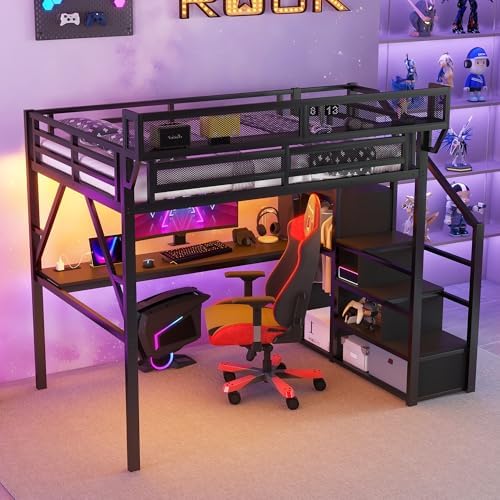 Full Size Metal Loft Bed Frame with Desk, Staircase, Built-in Storage Shelves and Wardrobe, Modern Loft Bed with Solid Slats, Guardrail, No Box Spring Required, Easy Assembly, for Bedroom, Black
