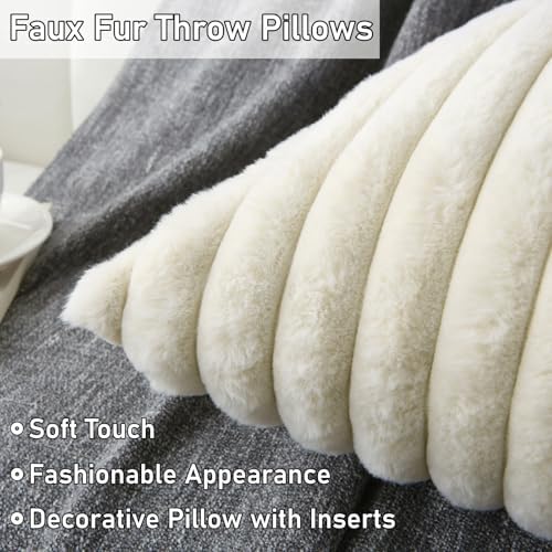 Decorative Throw Pillow with Inserts, Set of 2 Soft Faux Fur Throw Pillows, Boho Striped Pillow for Couch, Bed, Sofa Decor (Beige, 22" x 22"(Pack of 2))