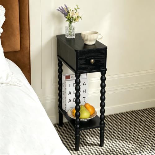 Fultyle Narrow Black Side Table with Drawer, Skinny End Table with Shelf