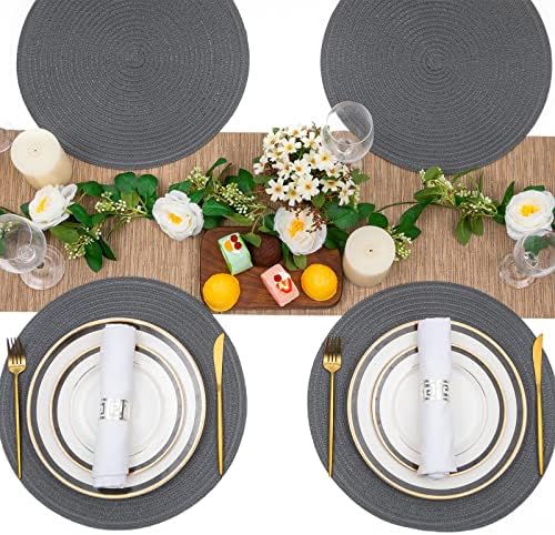 SHACOS Round Placemats Set of 6 Washable 15 inch Round Table Mats Cotton Polyester Woven Braided Place Mats for Dining Table (Charcoal Gray, 6)