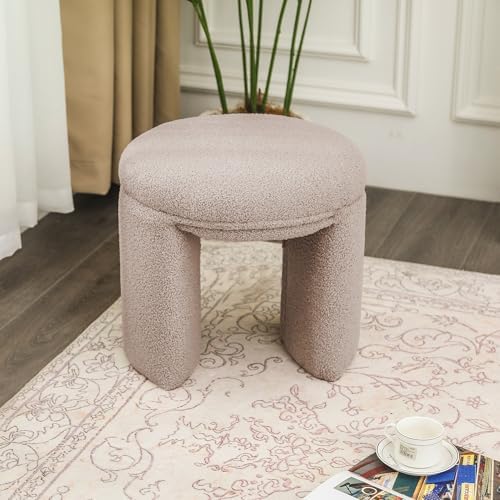 Boucle Ottoman, Round Sherpa Vanity Stool Chair, 17" Small Upholstered Modern Teddy Footstool for Makeup, Living Room, Entryway, Bedroom, Dark Beige