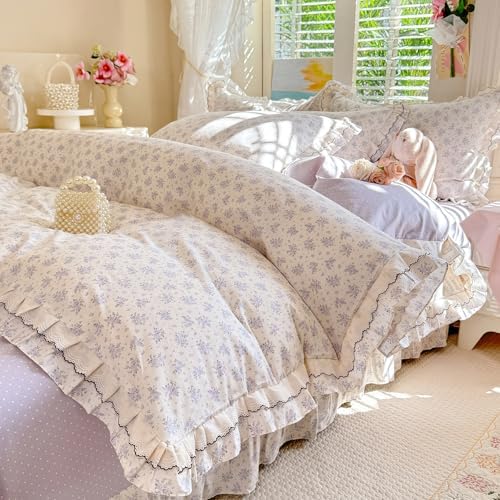 HighBuy Ruffle Lace Cotton Duvet Cover King with Purple Floral Print,Reversible Princess Breathable Cottagecore Bedding Set for Women Girls,1 Duvet Cover and 2 Ruffle Pillowcases