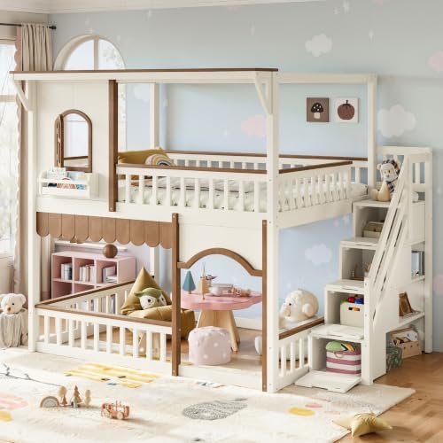 Full Over Full Size House-Shaped Wooden Bunk Bed with Window, Beige
