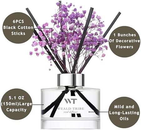 WEALD TRIBE Flower Reed Diffuser Set Lavender Scent for Bathroom Accessories Shelf Decor & Air Fresheners, Sticks Defusers with 5.1 fl oz Essential Oils & Leaves, House Bedroom Office Decor & Gifts