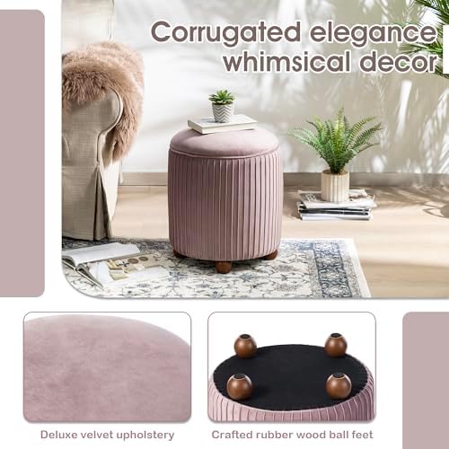 Glitzhome Round Ottoman with Storage Set of 2 Vanity Stool Foot Rest with Removable Lid Modern Upholstered Velvet Storage Ottoman Stool for Living Room and Dorm, Dusty Pink