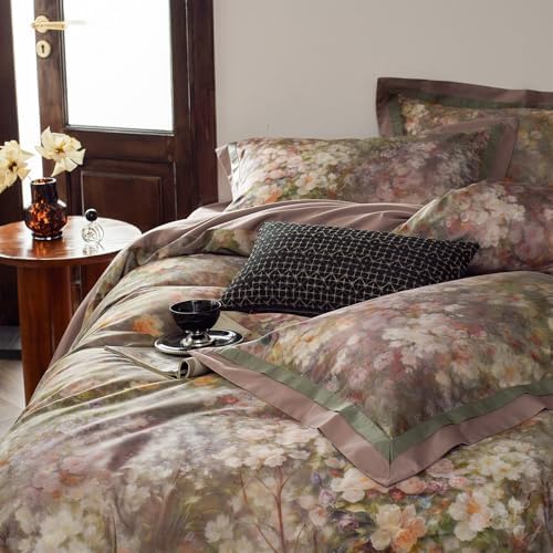 Garden Flower Duvet Cover Set Queen,3 Pieces Pink Floral Duvet Cover with 2 Pillow Shams Smooth Silky Long Staple Cotton Bedding Set-Queen,90x90 Inch