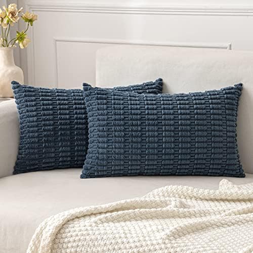 MIULEE Lumbar Corduroy Decorative Throw Pillow Covers 12x20 Blue Pack of 2