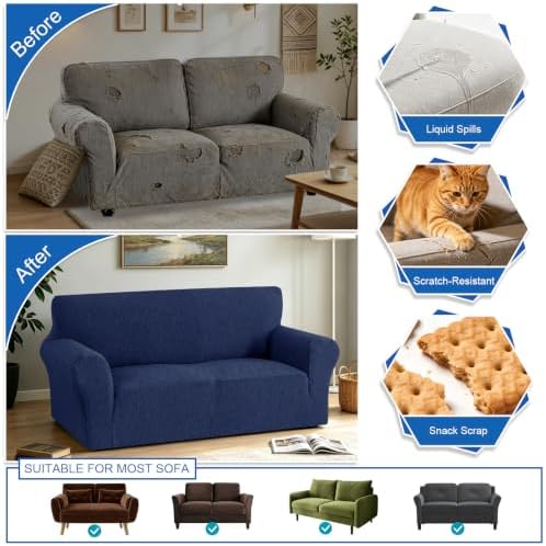 MAXIJIN Waterproof Loveseat Cover Couch Covers (55"-69"), Stretch Love Seat Sofa Slipcovers with Non Slip Elastic Bottom, Dog Pet Friendly Furniture Protector Washable (Medium, Navy Blue)