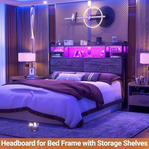 Aheaplus Headboard for Queen Size Bed with Storage, Black Oak