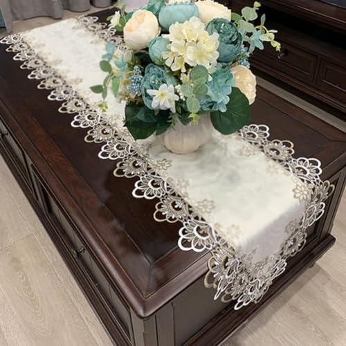 Sandweek Macrame Table Runners for Party, 70inch Table Runner Lace Floral Embroidered Rectangle Table Dresser Scarf Wedding Tabletop Table Decorations for Home and Dining Room Beige & White