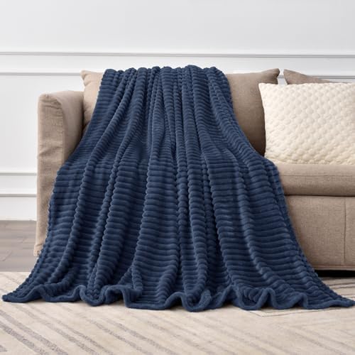 BEDELITE 3D Ribbed Navy Blue Fleece Throw Blanket for Couch, 50x70 Inch