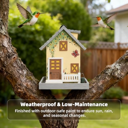 MEWANG Colorful Hanging Wooden Bird House Feeder, Light Yellow
