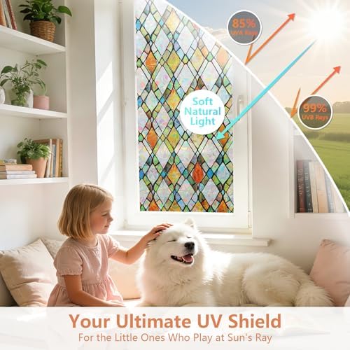 LEMON CLOUD Window Privacy Film, Stained Glass Window Cling,11.8″ x 78.7″