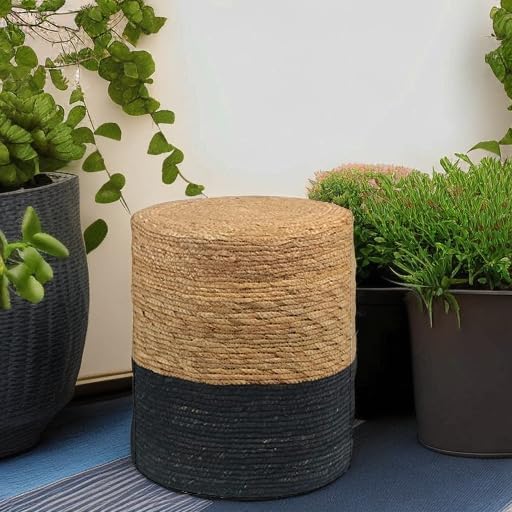 14" Boho Pouf Patio Ottomans Natural Straw Handweave Rustic Round Footstool
